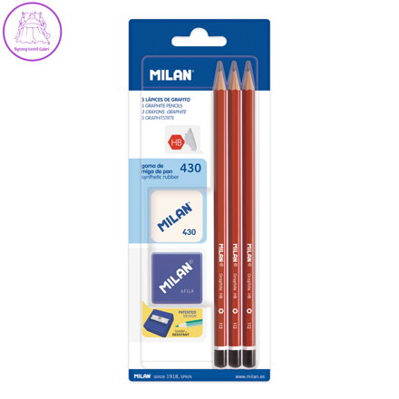 Tužka MILAN 3xšestihraná HB + guma + ořezávátko