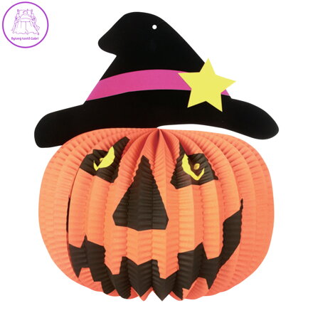 Lampion kulatý 26 cm Dýně s kloboukem Halloween