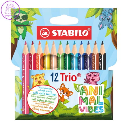 Pastelky trojhranné STABILO Trio, silné a krátké Sada Animal Vibes (12 barev)