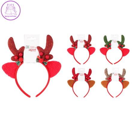 Čelenka dětská, vánoční sob s parohy zdobenými rolničkami a mašlí (mix 4 barev)