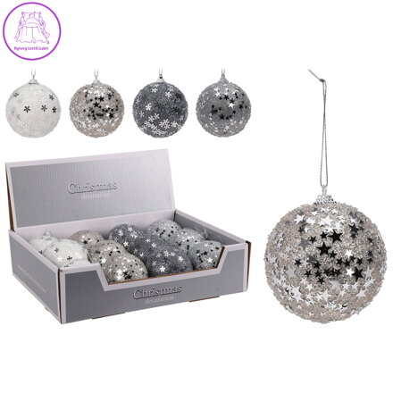 Vánoční koule 80 mm třpytivá - stříbrná (mix vzorů, cena /1 ks)