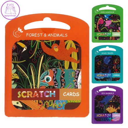 Vyškrabovací karty A5 (mix 4 motivů) 4 ks + dřevěné pero