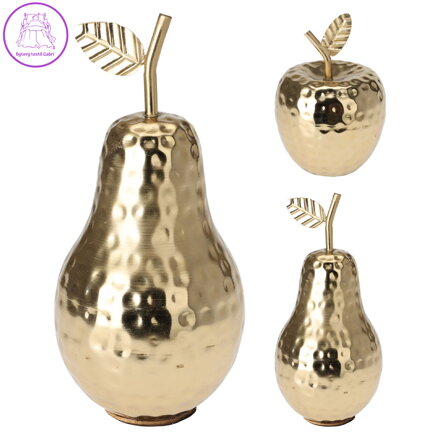 Dekorace jablko, hruška 15 cm, zlatá barva, hliník