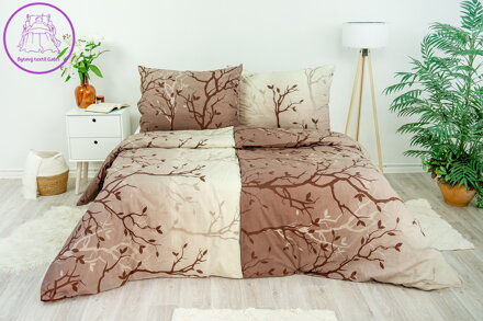 Ložní povlečení bavlněné Stanex větvičky hnědé (LS232), 140 x 220 + 90 x 70, Knoflíkové