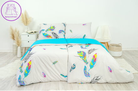 Ložní povlečení bavlněné Stanex peří tyrkysové (LS218), 140 x 200 + 90 x 70, Knoflíkové