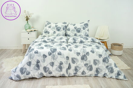 Ložní povlečení bavlněné Stanex šedé listy (LS275), 140 x 200 + 90 x 70, Knoflíkové