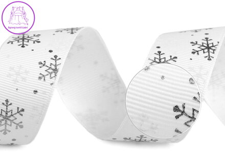 Rypsová stuha vločky šíře 25 mm vánoční