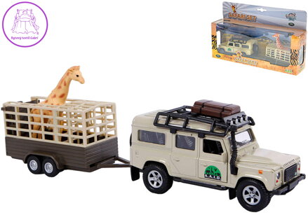 Auto kovové Land Rover Defender zpětný chod Safari set s přívěsem a žirafou