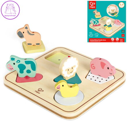 HAPE DŘEVO Puzzle baby vkládací Zvířátka 5 dílků na baterie Zvuk