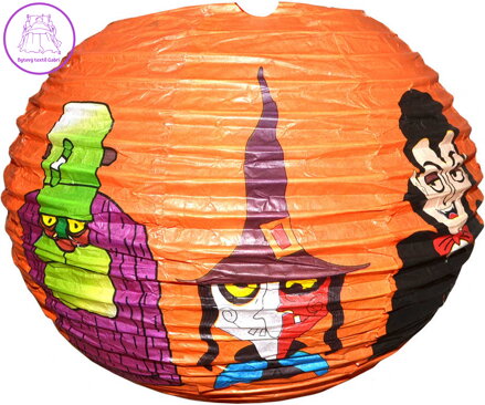 Lampion krčený harmonika Halloween 25cm kulatý oranžový s potiskem na žárovku