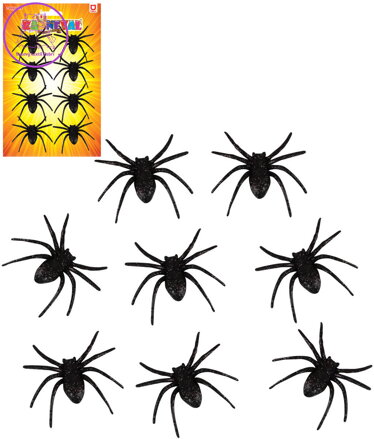 Pavouk černý třpytivý 6cm halloween dekorace set 8ks na kartě