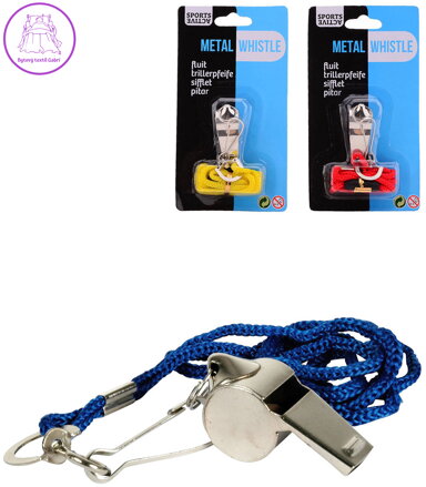 Píšťalka kovová sportovní se sňůrkou na krk a karabinkou různé barvy