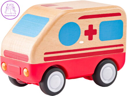 WOODY DŘEVO Auto baby sanitka na setrvačník na baterie Světlo Zvuk