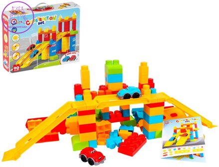 Stavebnice barevné stavební kostky 90ks s dráhou a 2 auty plast