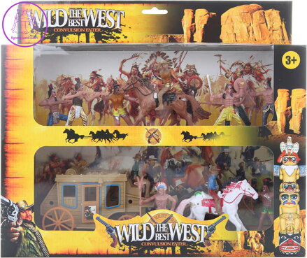 Divoký západ westernový set kočár se 3 koni a indiány plast v krabici
