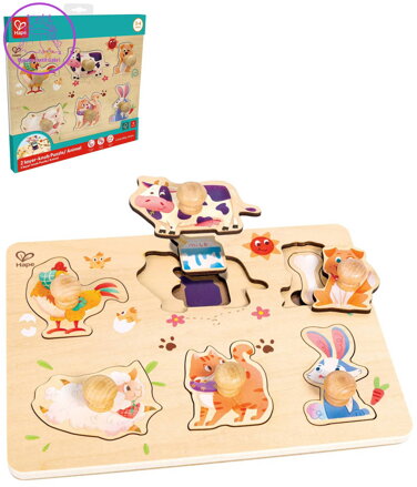 HAPE DŘEVO Puzzle baby vkládací Farma s úchyty 12 dílků na desce