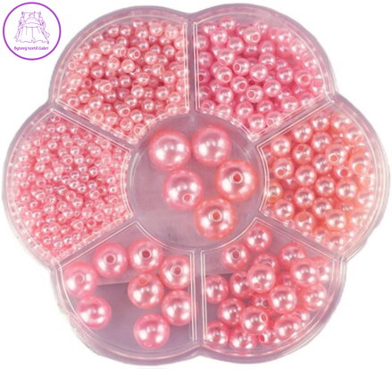 Korálky navlékací metalické růžové set 1150ks 3-12mm v plastovém boxu