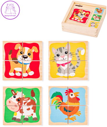 WOODY DŘEVO Baby minipuzzle Domácí zvířátka 4x4 dílky v krabičce 4v1
