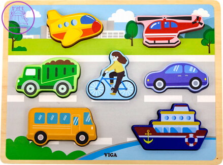 VIGA DŘEVO Vkládačka baby puzzle vkládací na desce doprava 7 dílků