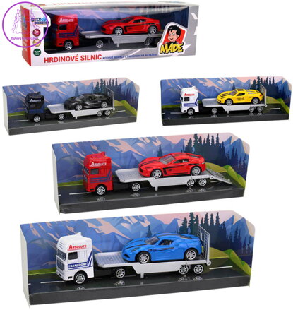 Auto odtahovka kovová 18cm set tahač s přívěsem a automobilem 4 druhy