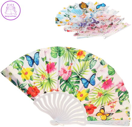 Vějíř dětský s potiskem květiny a motýli plast/textil 6 druhů