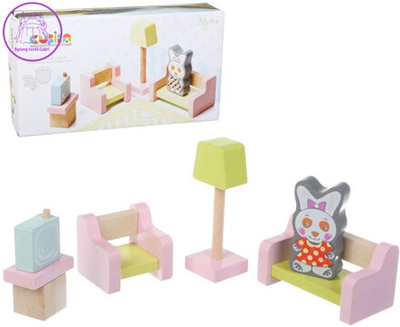 CUBIKA DŘEVO Obývací pokoj nábytek pro panenky s figurkou a magnetickými oblečky
