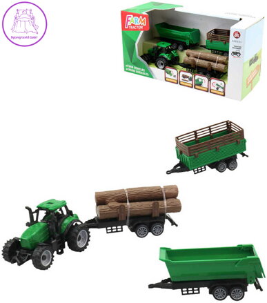 Traktor zelený se 3 přívěsy a kládami dřeva herní set v krabici plast