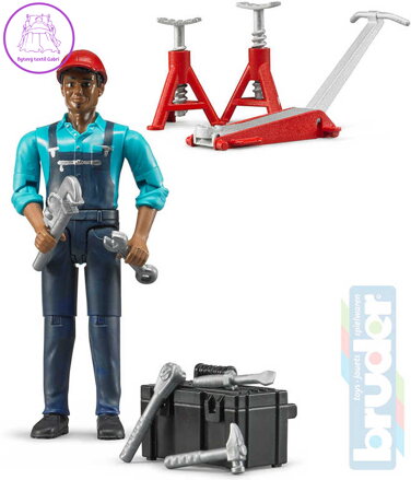 BRUDER 62100 Figurka mechanik 11cm tmavá pleť set s doplňky plast