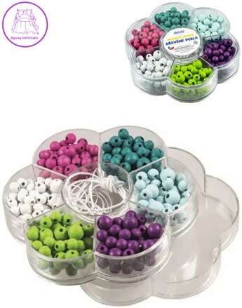 DETOA DŘEVO Perličky v kytičce II. set barevné korálky 180ks s provázky