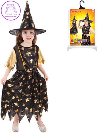 KARNEVAL Šaty čarodějnice černo-zlatá vel.S (105-116cm) 4-6 let *KOSTÝM*