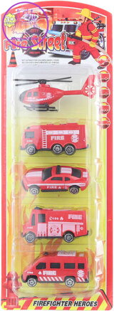 Hasičské dopravní prostředky set 4 auta + helikoptéra 4-7cm plast