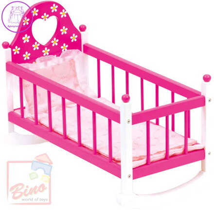 BINO DŘEVO Kolébka s peřinkami pro panenku miminko růžová