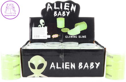 Sliz svítící set s figurkou mimozemšťana v plastovém soudku fosforekující