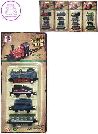 Vlak kovový mini historický set mašinka + 3 vagónky zpětný nátah 4 druhy na kartě