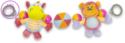 Chrastítko baby zábrana do kočárku hrošík + opička mix závěs pro miminko