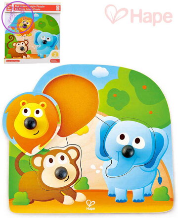 HAPE DŘEVO Baby puzzle vkládací s úchyty zvířátka džungle 3 dílky na desce