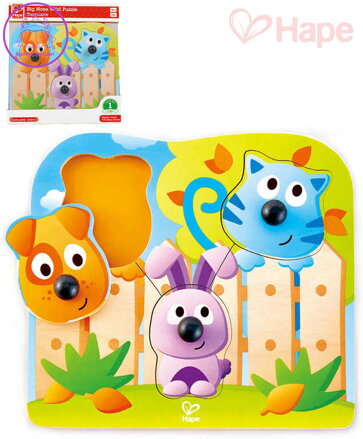 HAPE DŘEVO Baby puzzle vkládací s úchyty domácí zvířátka 3 dílky na desce