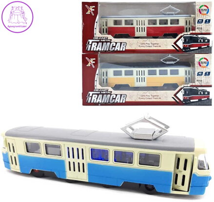 Tramvaj kovová s efekty 16cm na baterie zpětný chod Světlo Zvuk