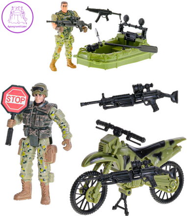 Voják kloubový stojící 10cm s motocyklem / člunem a zbraní 2 druhy plast