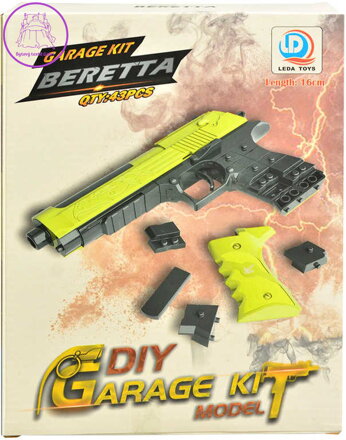 Stavebnice Pistole dětská k sestavení 16cm 43 dílků s náboji v krabici