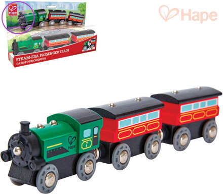 HAPE DŘEVO Vláček parní osobní set mašinka + 2 vagonky