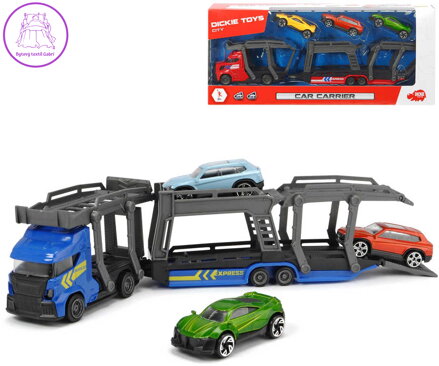 DICKIE Přeprava autíček set transportér 28cm + autíčko 3ks kov 2 druhy