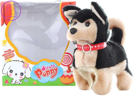 PLYŠ Pejsek černo-hnědý 18cm chodí a štěká na baterie Zvuk *PLYŠOVÉ HRAČKY*