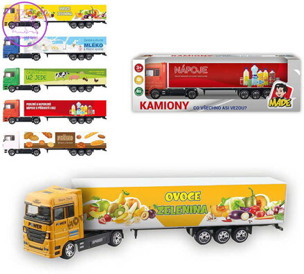 Auto kamion 20cm s potiskem potraviny volný chod 5 druhů plast