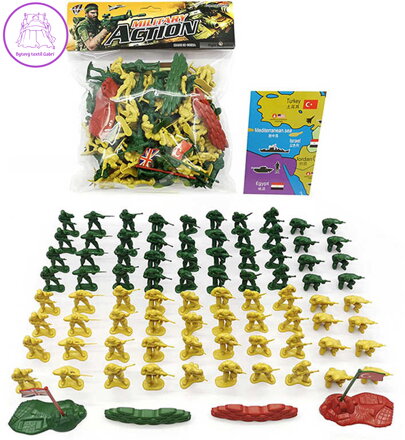 Vojenská army sada figurky vojáci se zátarasy a zástavami 87ks v sáčku plast