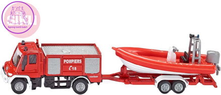SIKU Auto hasiči Unimog s přívěsem s člunem 1:87 kovové 1636