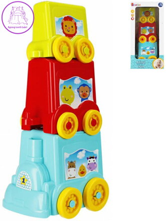 BAM BAM Baby vláček mašinka se 2 vagóny vzdělávací zvířata pro miminko