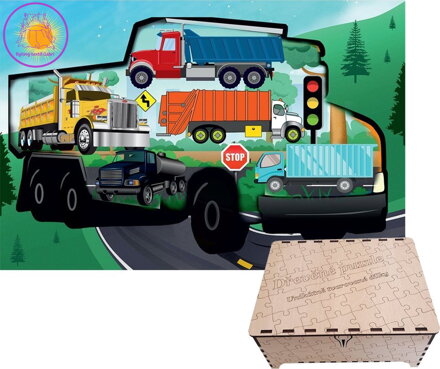 FA LIXEN Dřevěné puzzle Nákladní auta XL 389 dílků v dárkové krabičce