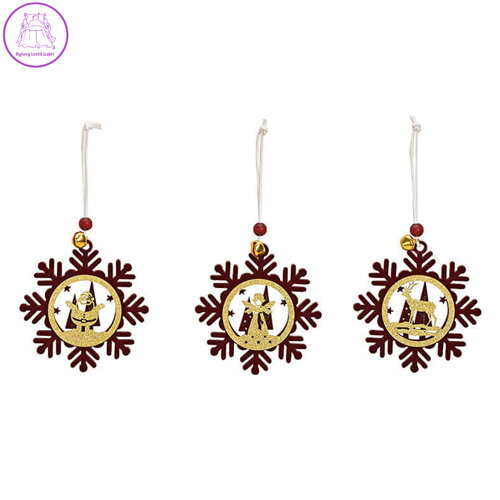 Dekorace závěsná - Sněhová vločka dřevěná 11 cm bordově-zlatá, mix / 1ks