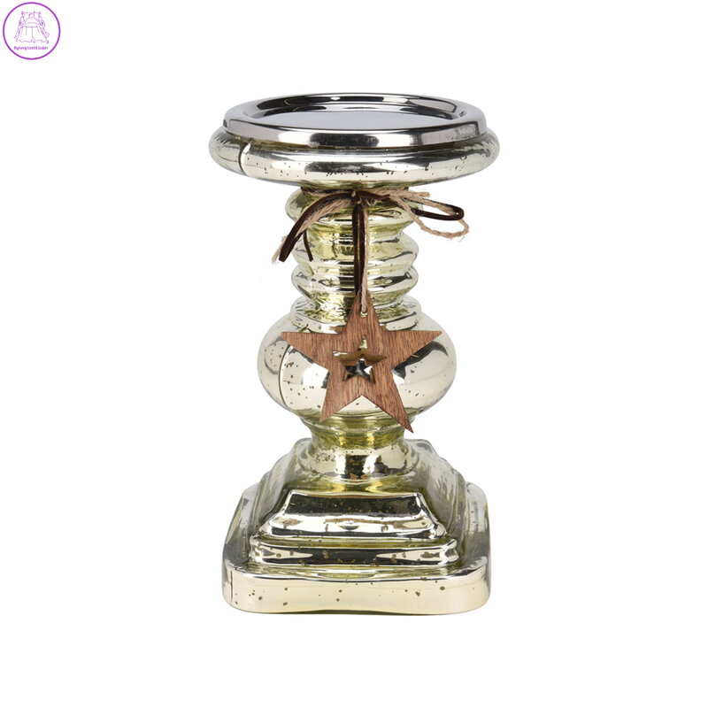 Skleněný svícen 13x22 cm s dřevěnou hvězdou na provázku